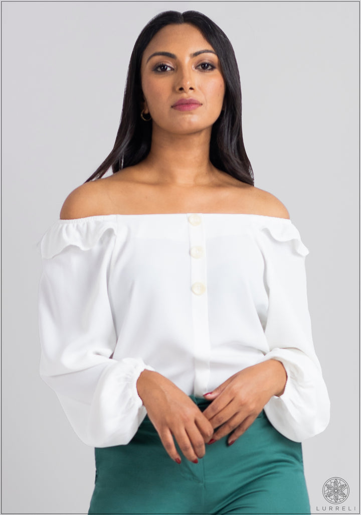 Deep Neck Frilled Long Sleeve Top