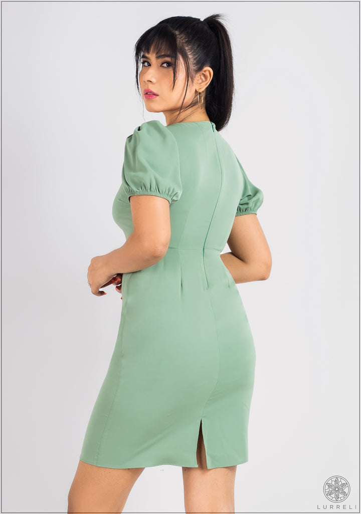 Puff Sleeve Square Neck Solid Dress