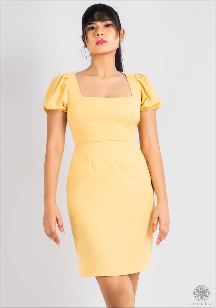 Puff Sleeve Square Neck Solid Dress