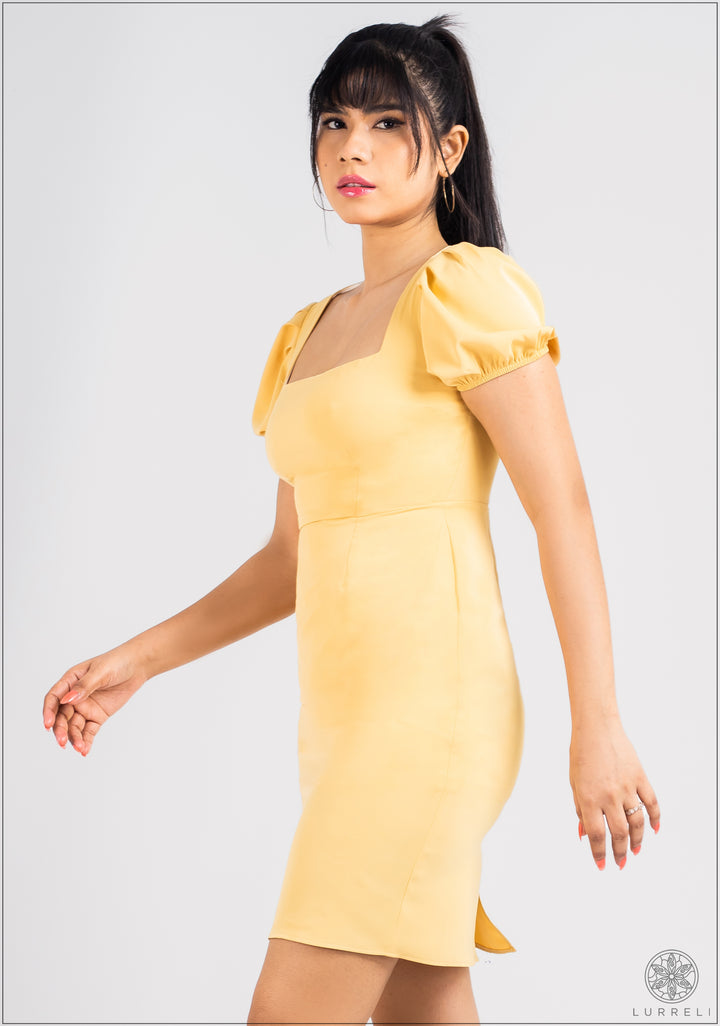 Puff Sleeve Square Neck Solid Dress