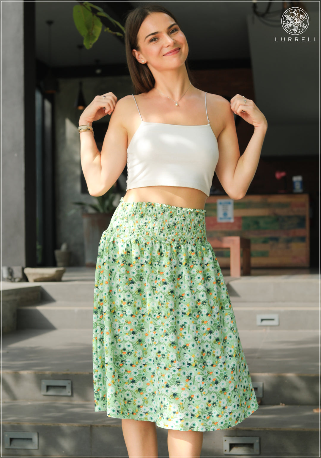 Smocking Waist Detail Knee Length Skirt