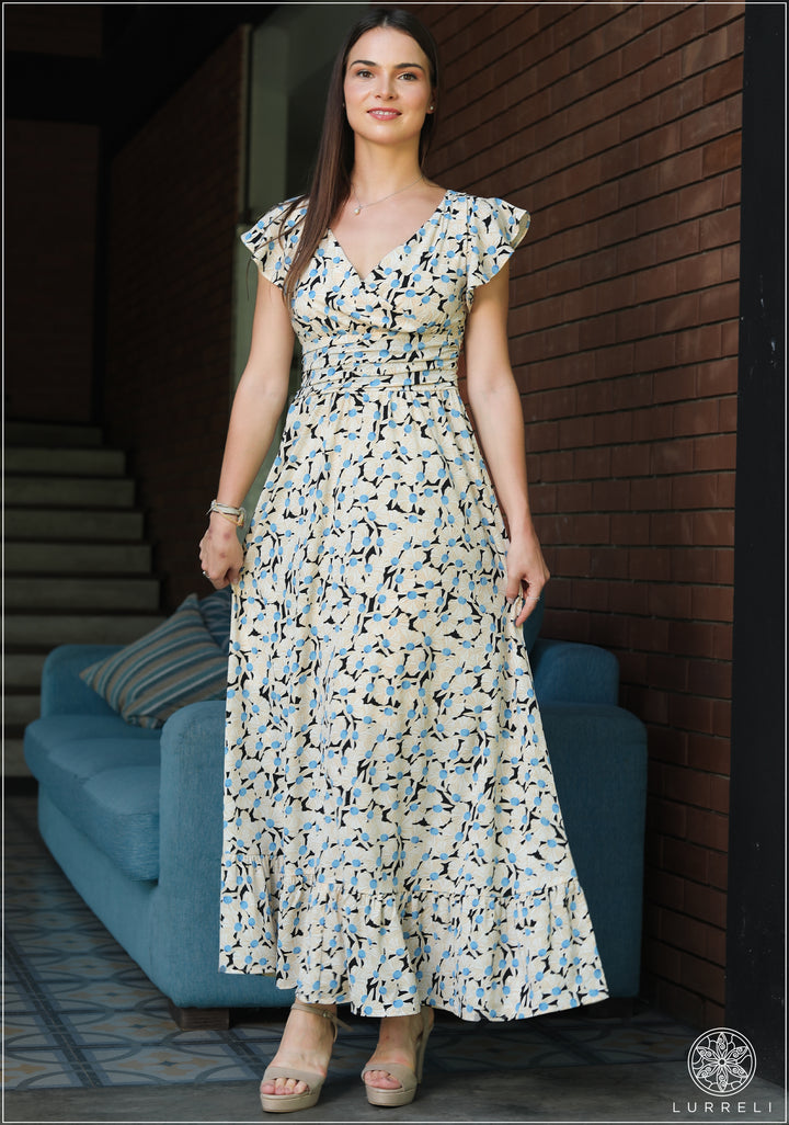 All Over Print Ruffle Trim Shirred Waist Dress