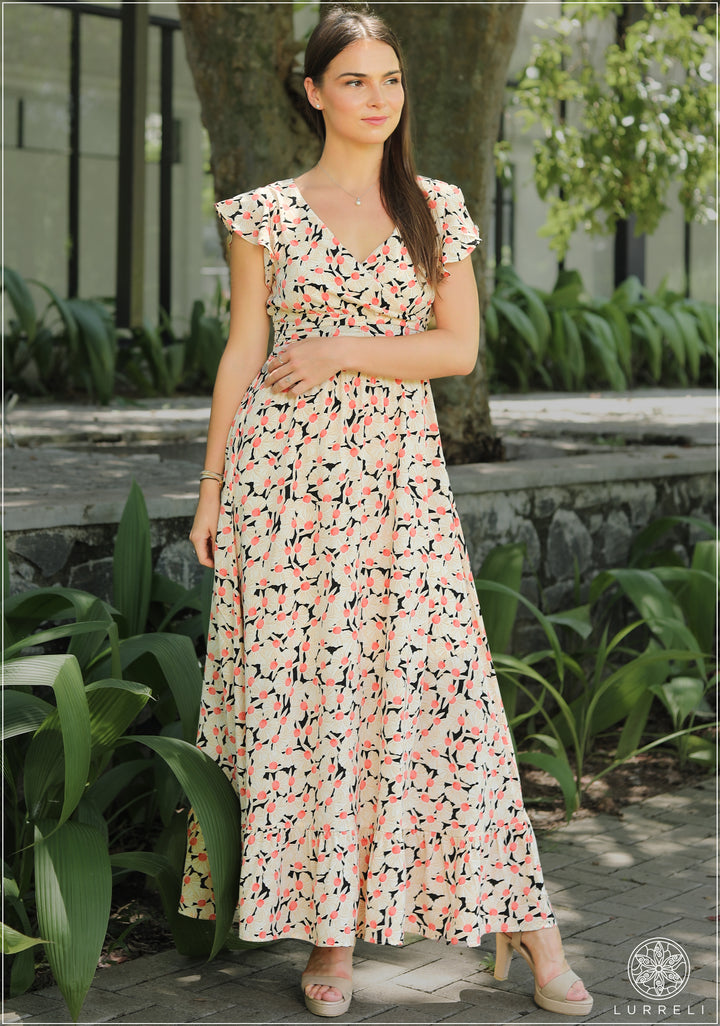 All Over Print Ruffle Trim Shirred Waist Dress