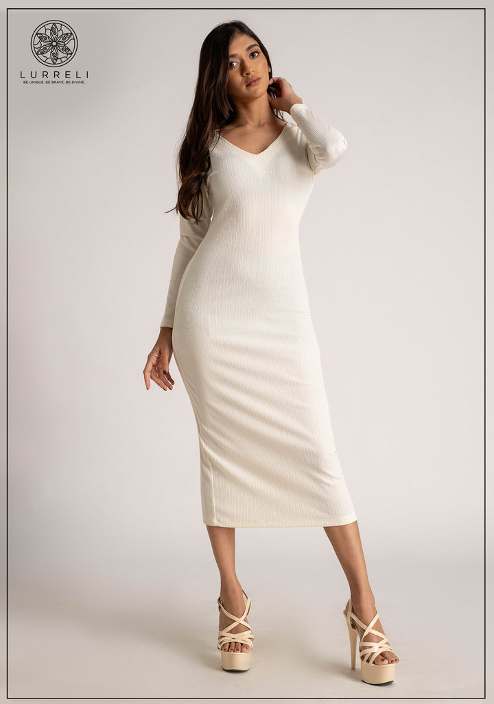 V Neck Long Sleeve Rib Dress