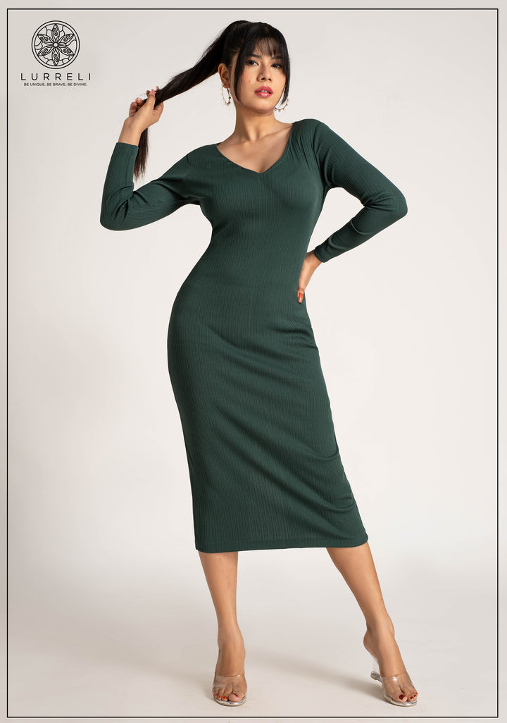 V Neck Long Sleeve Rib Dress