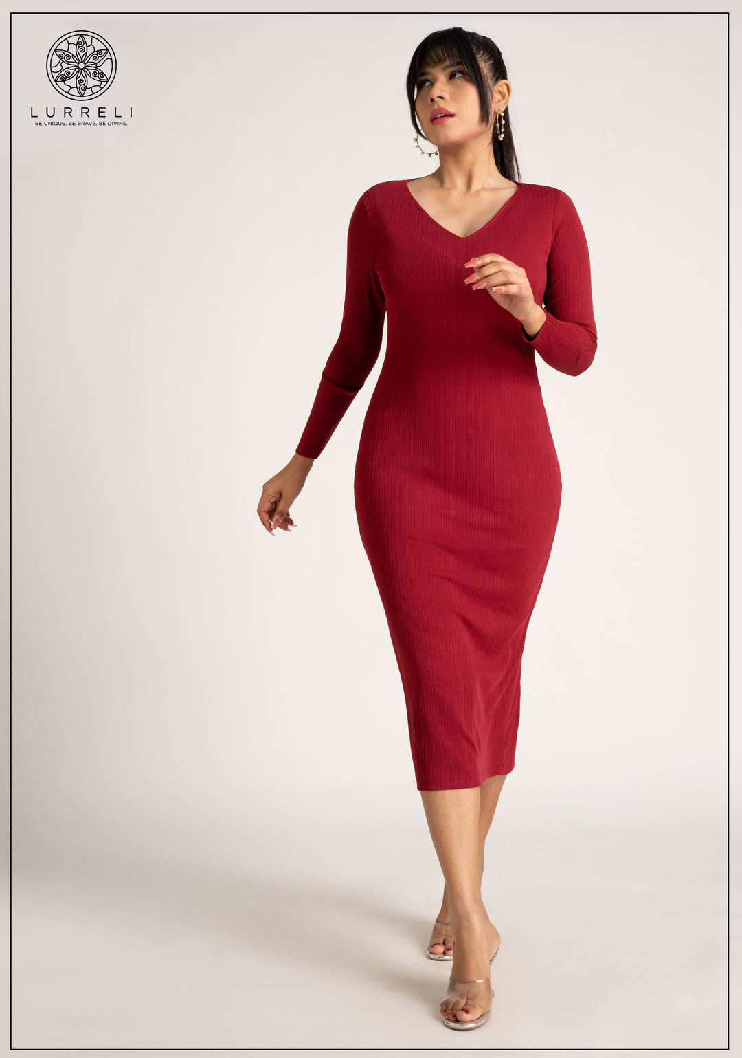 V Neck Long Sleeve Rib Dress