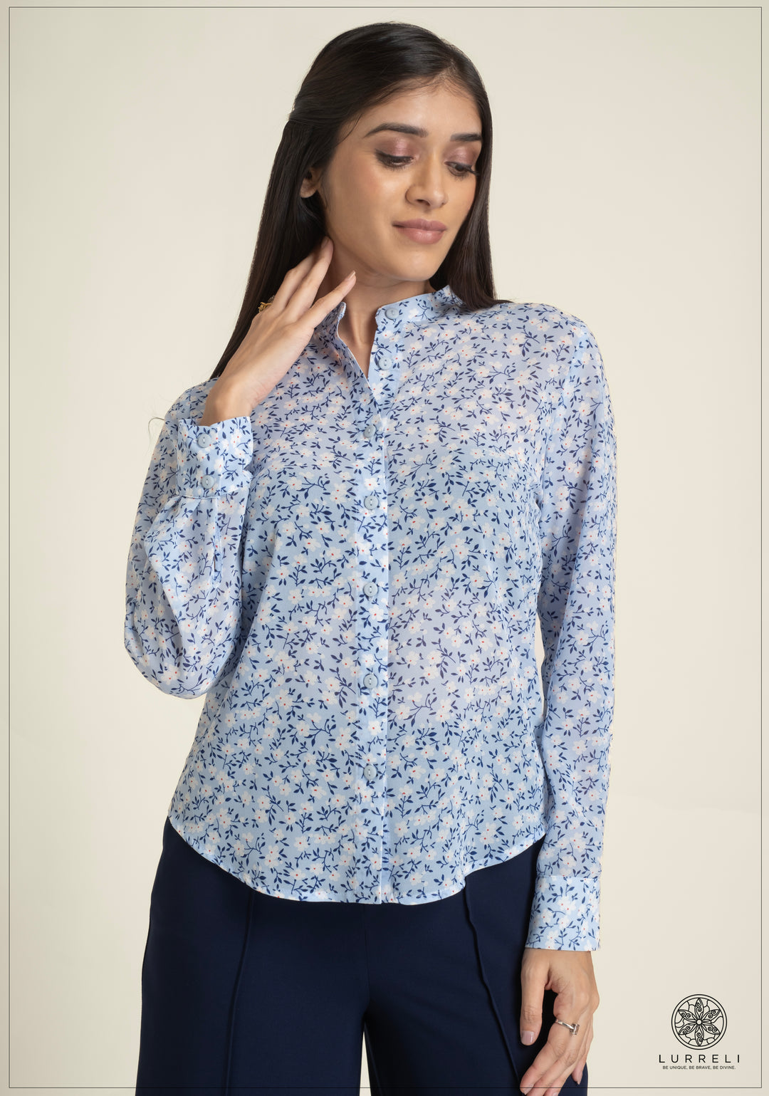 Leaf Printed Chinese Collar Basic Blouse