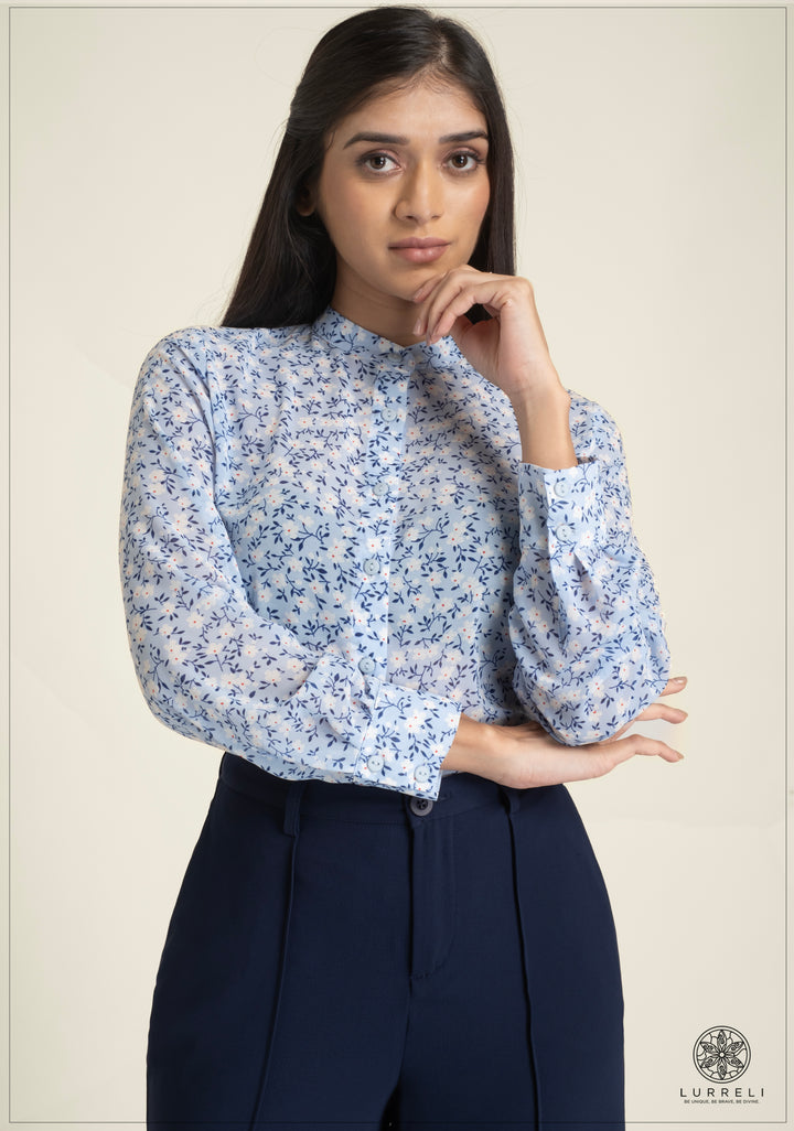 Leaf Printed Chinese Collar Basic Blouse