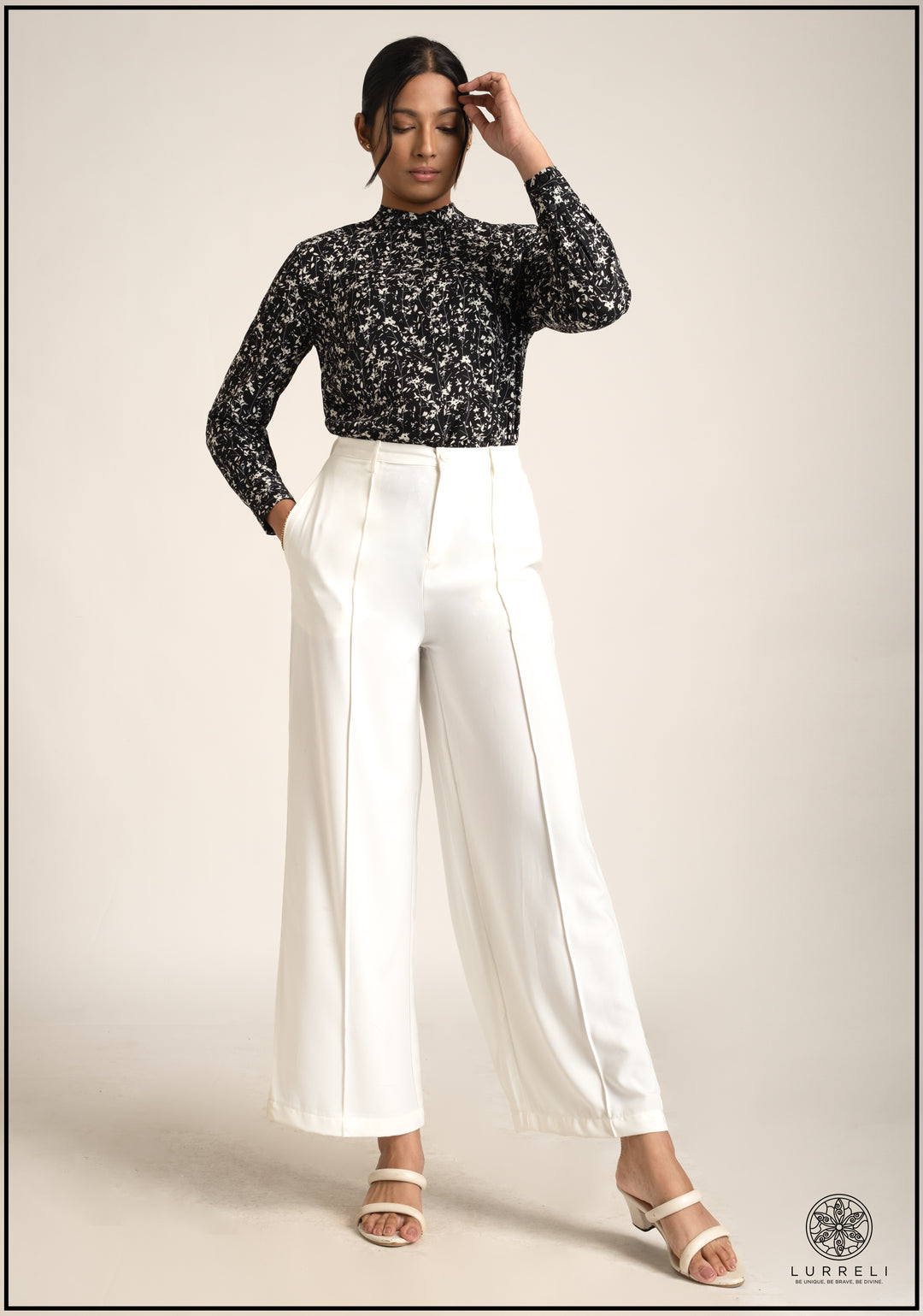 Leaf Printed Chinese Collar Basic Blouse