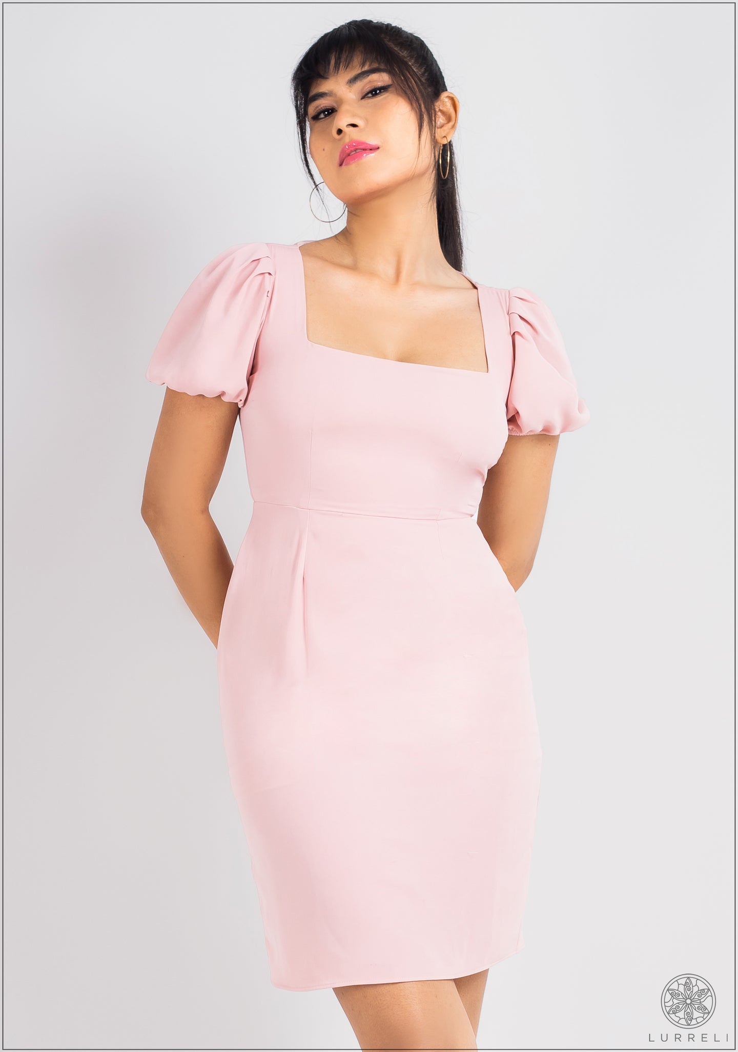 Puff Sleeve Square Neck Solid Dress