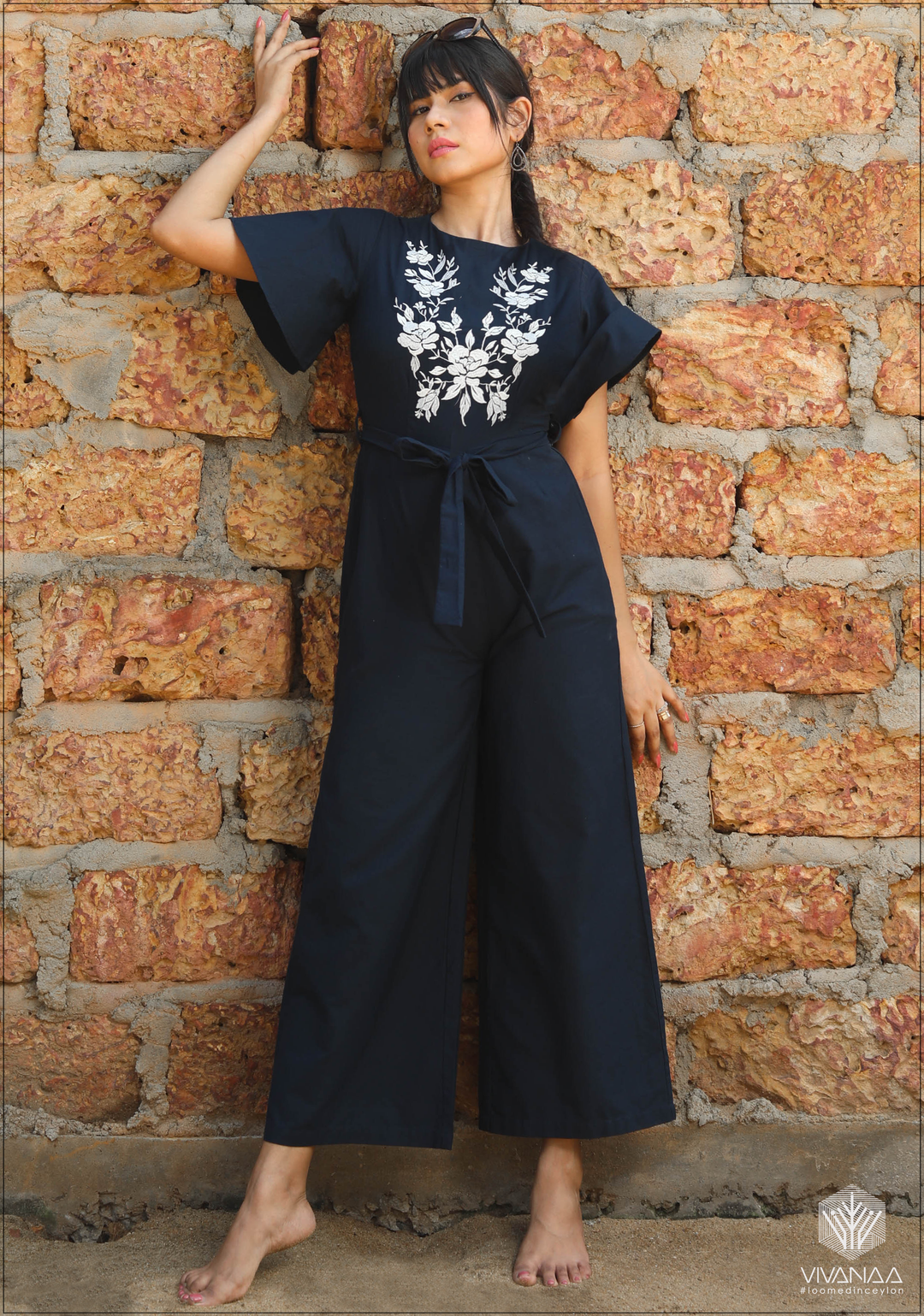 Embroidery Detail Belted Palazzo Jumpsuit