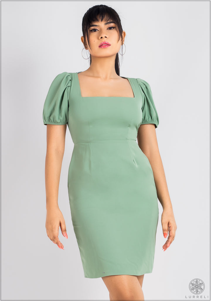 Puff Sleeve Square Neck Solid Dress