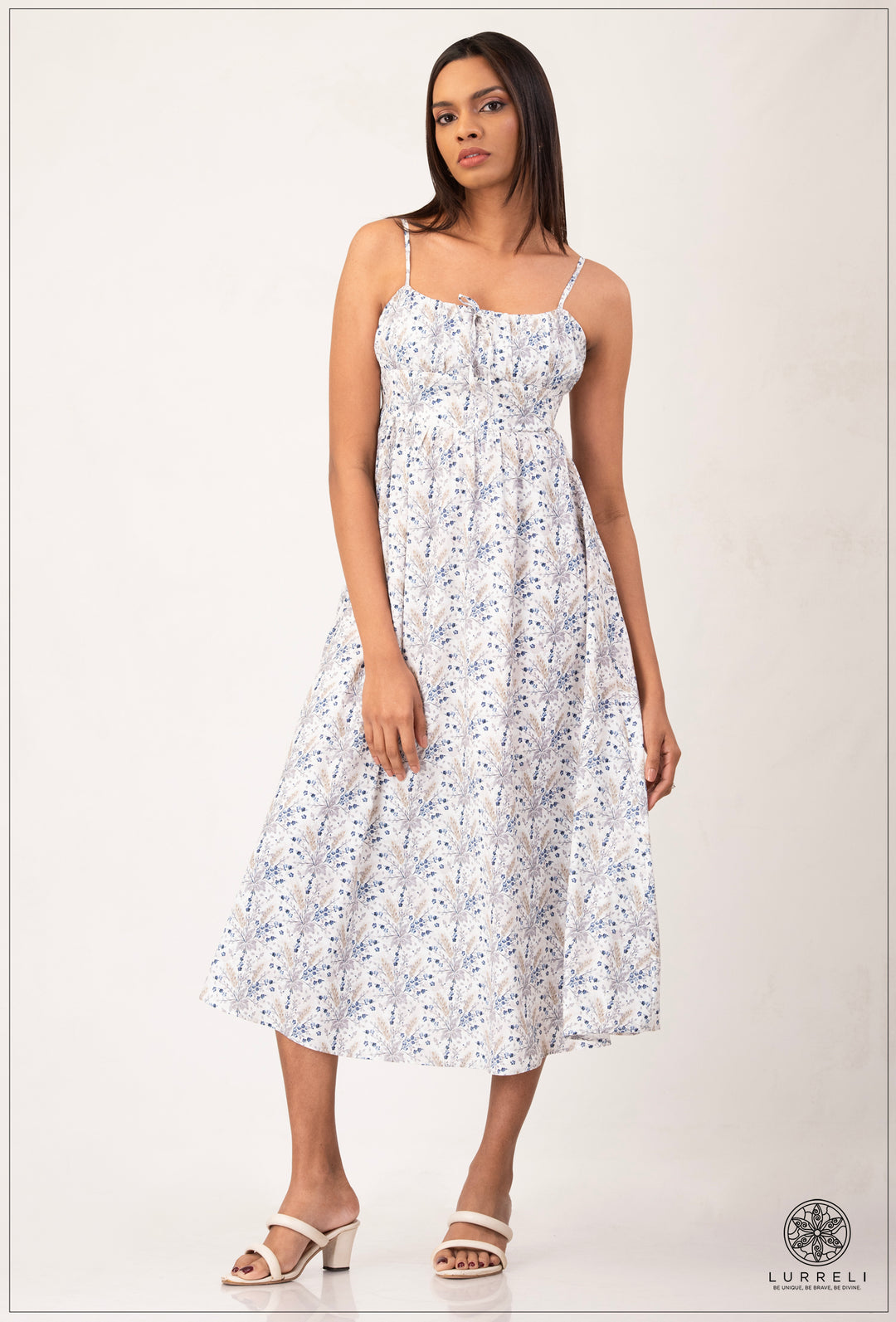 Strappy Gathered Blue Floral Dress