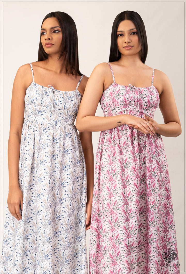 Strappy Gathered Blue Floral Dress