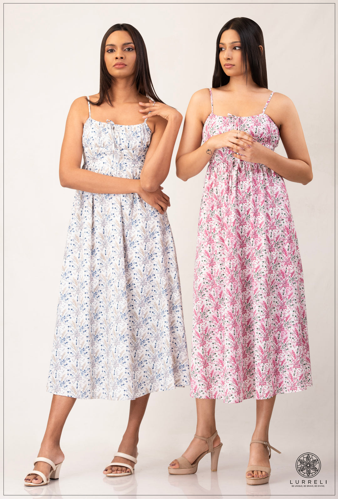 Strappy Gathered Blue Floral Dress