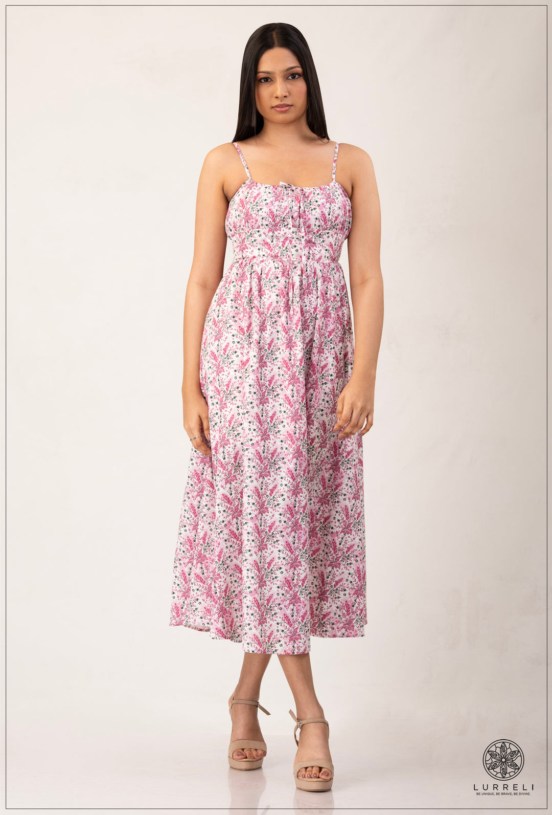 Strappy Gathered Blue Floral Dress