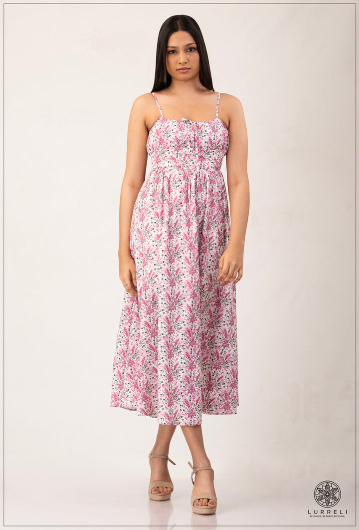 Strappy Gathered Blue Floral Dress