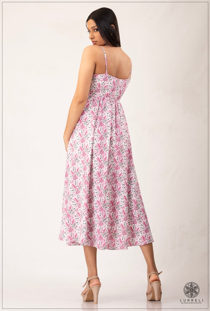 Strappy Gathered Blue Floral Dress