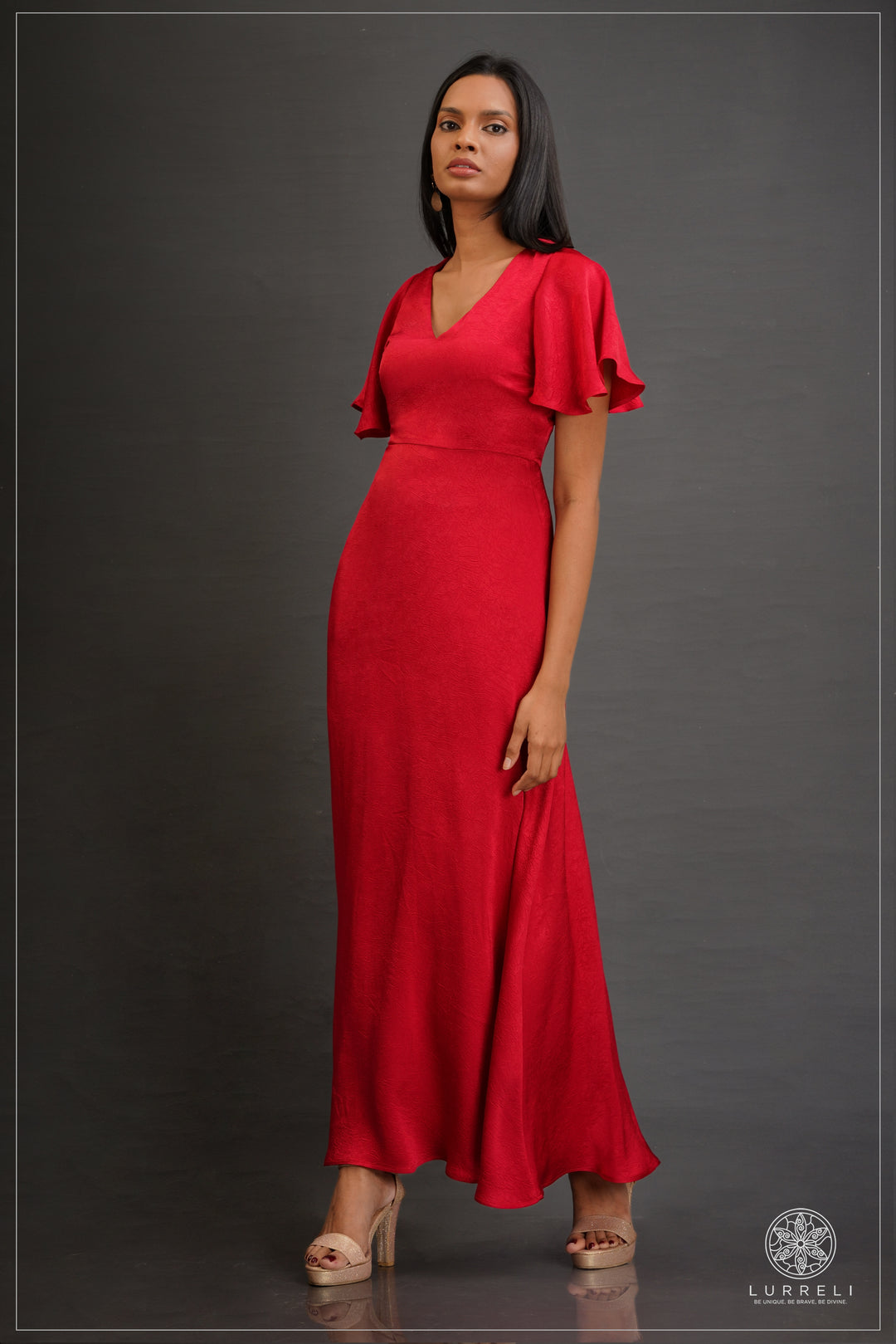 V-neck, A-line maxi dress with flutter/ruffle sleeves