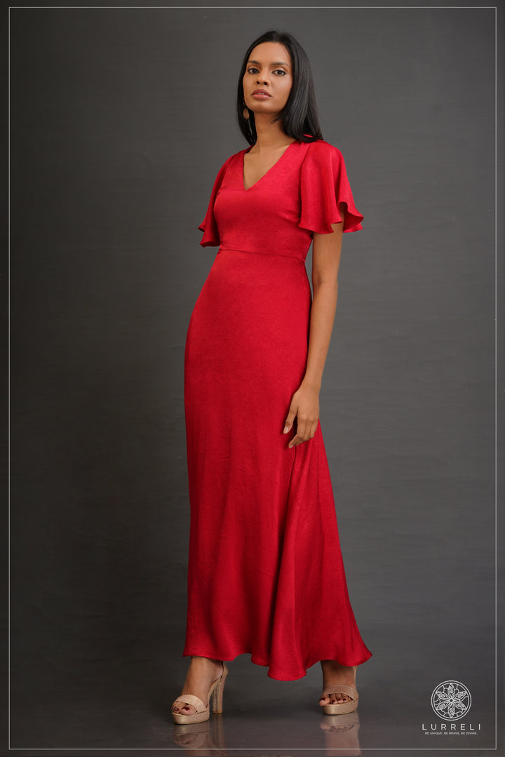 V-neck, A-line maxi dress with flutter/ruffle sleeves
