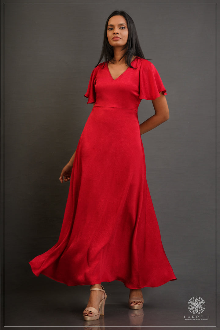 V-neck, A-line maxi dress with flutter/ruffle sleeves