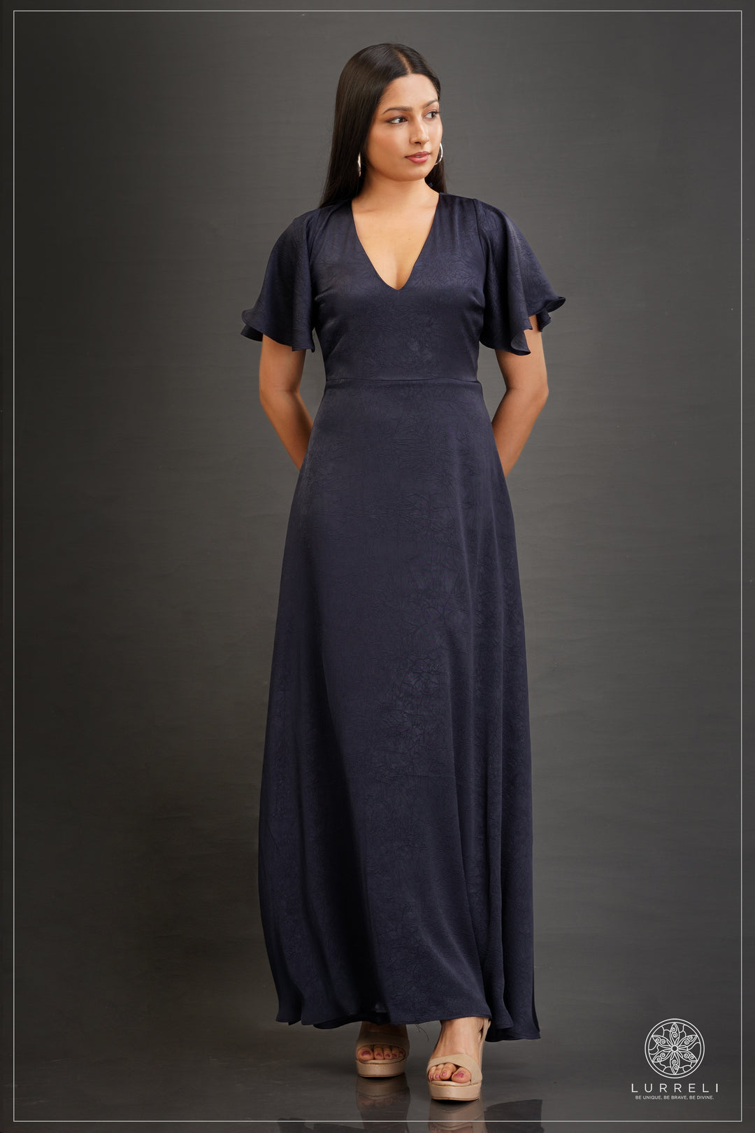 V-neck, A-line maxi dress with flutter/ruffle sleeves
