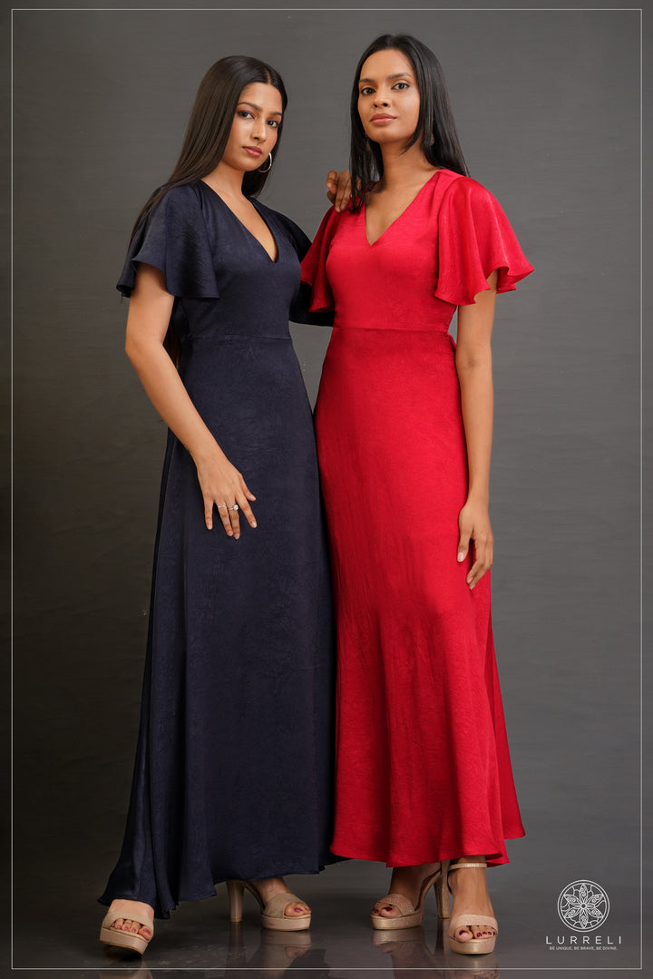 V-neck, A-line maxi dress with flutter/ruffle sleeves