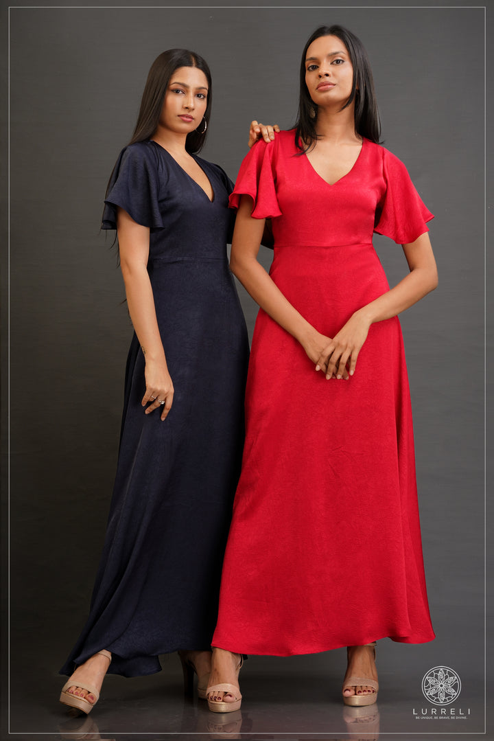 V-neck, A-line maxi dress with flutter/ruffle sleeves