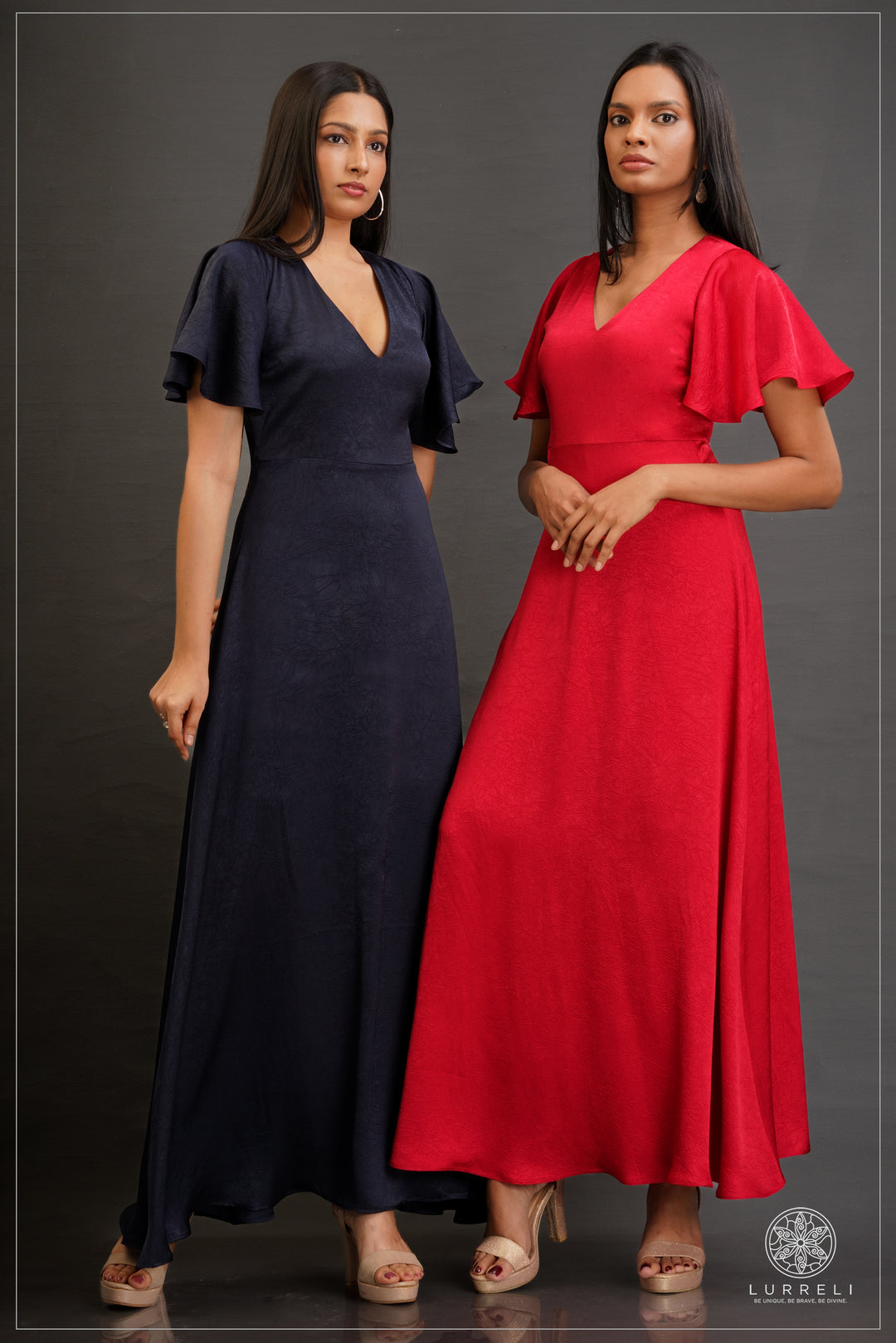 V-neck, A-line maxi dress with flutter/ruffle sleeves