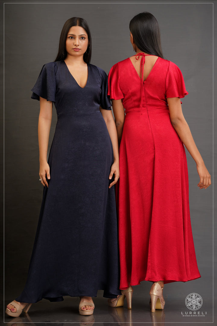 V-neck, A-line maxi dress with flutter/ruffle sleeves