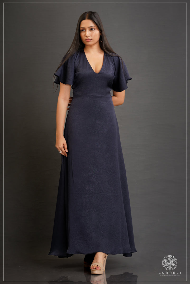 V-neck, A-line maxi dress with flutter/ruffle sleeves