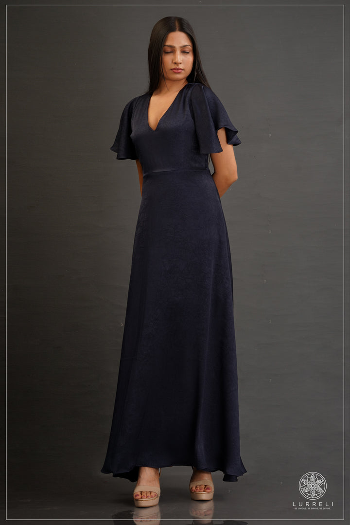 V-neck, A-line maxi dress with flutter/ruffle sleeves