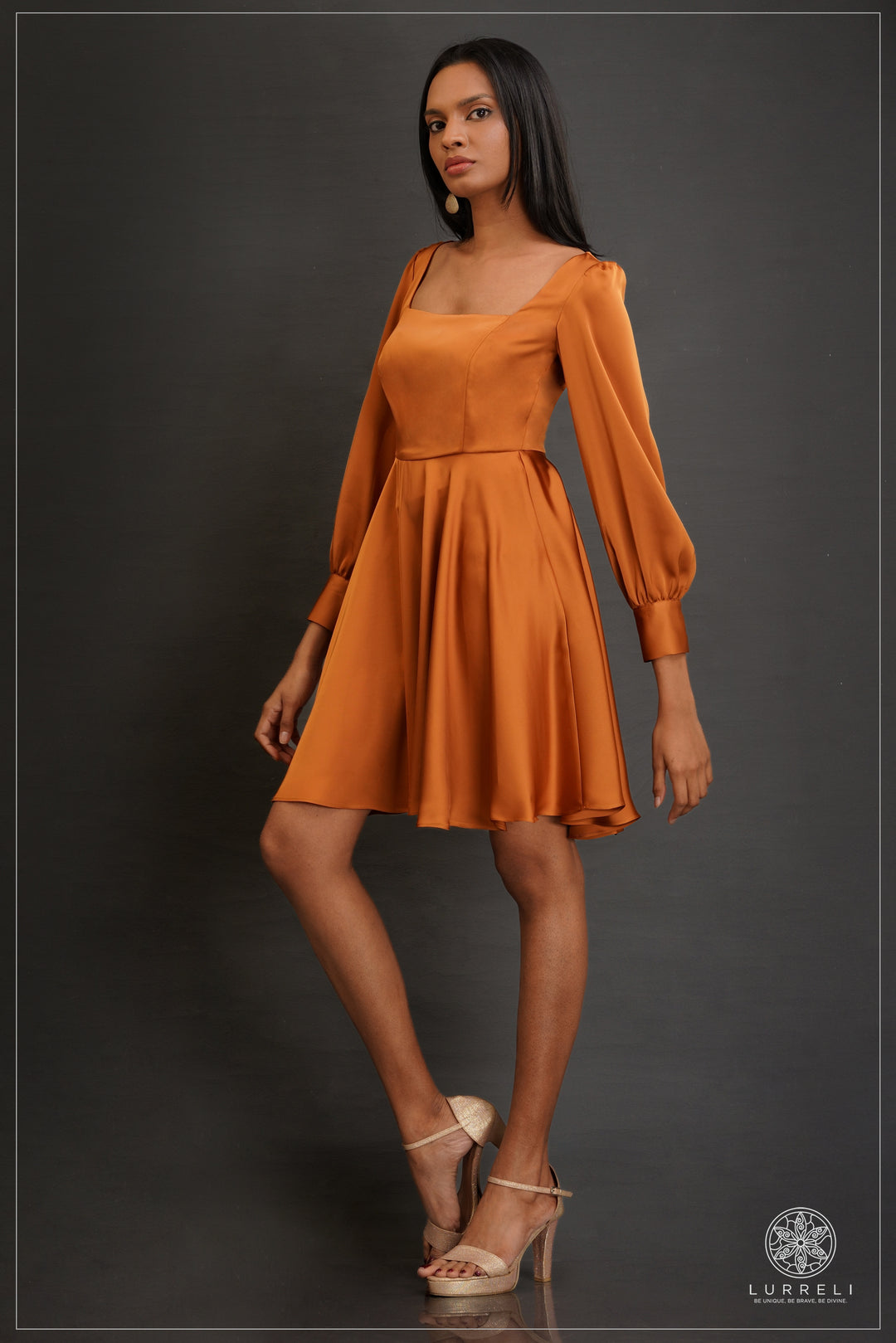 long-sleeve square-neck pleated mini dress