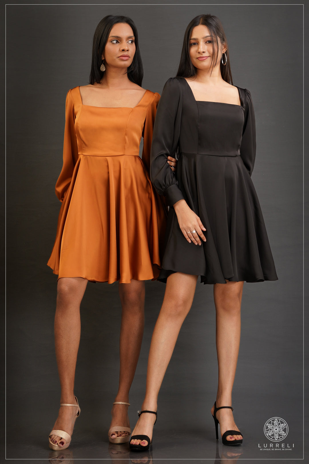 long-sleeve square-neck pleated mini dress