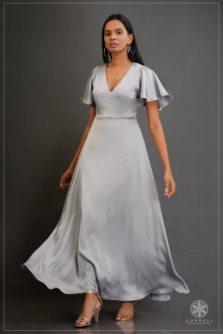 V-neck, A-line maxi dress with flutter/ruffle sleeves