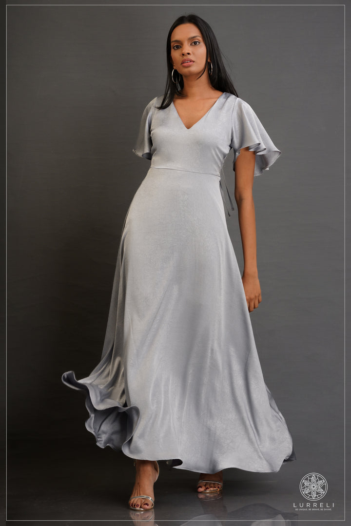 V-neck, A-line maxi dress with flutter/ruffle sleeves