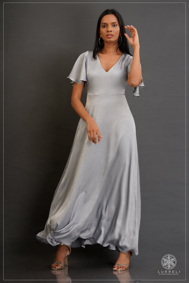 V-neck, A-line maxi dress with flutter/ruffle sleeves
