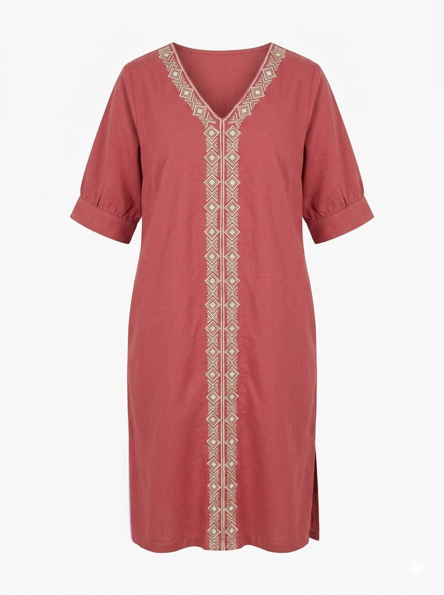 Embroidered linen shift dress