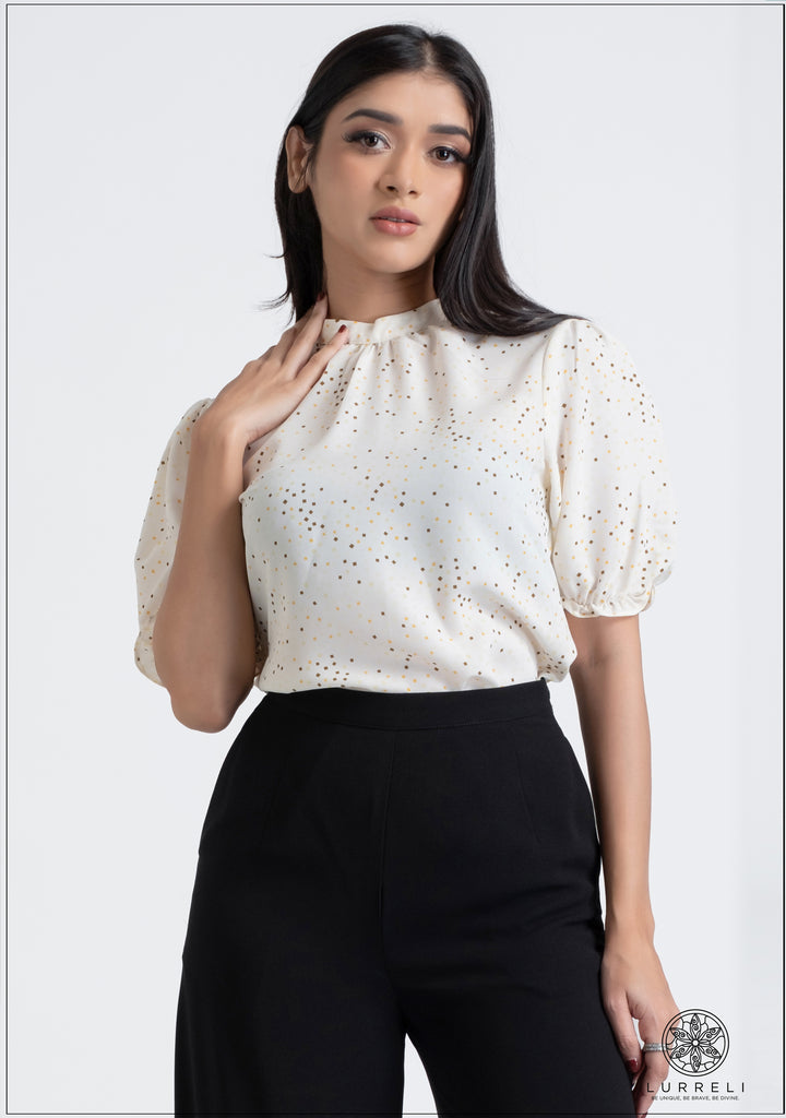 Gather Neck Detail Puff Sleeve Printed Top