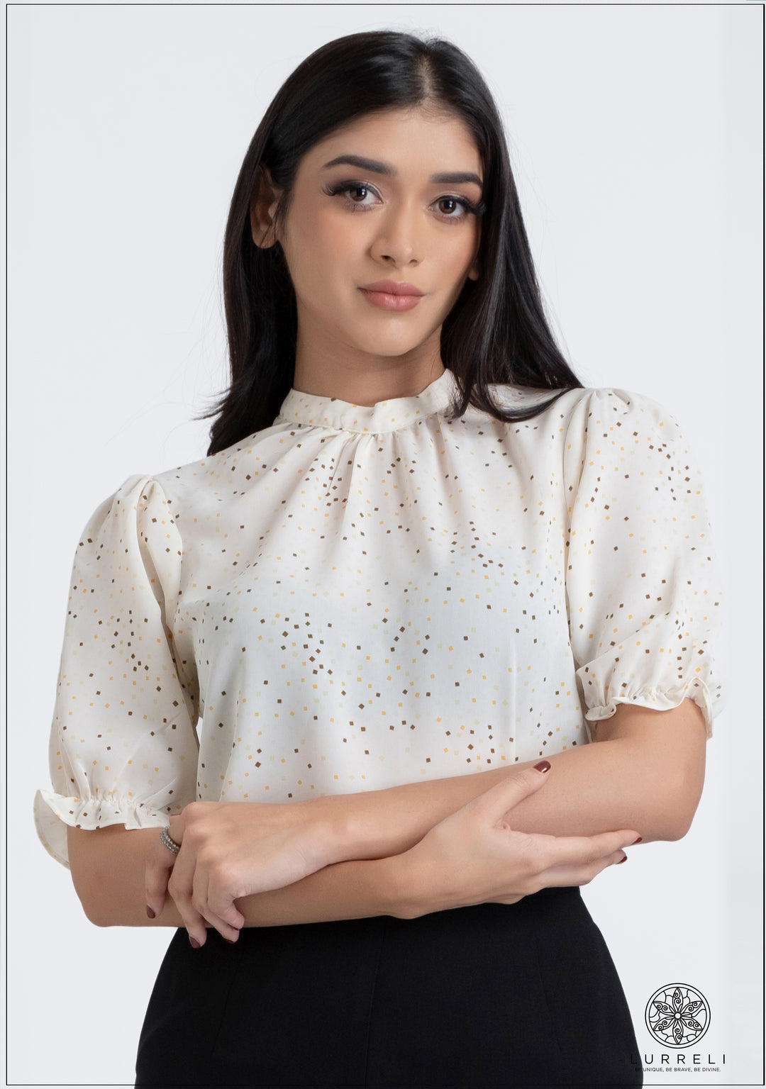 Gather Neck Detail Puff Sleeve Printed Top