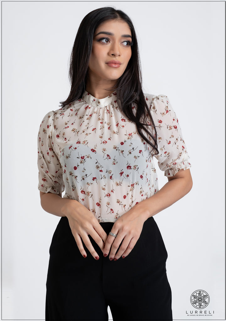 Gather Neck Detail Printed Workwear Top