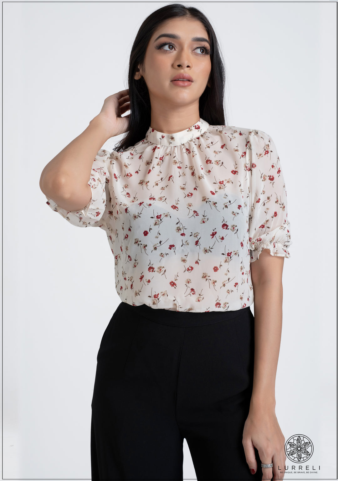 Gather Neck Detail Printed Workwear Top