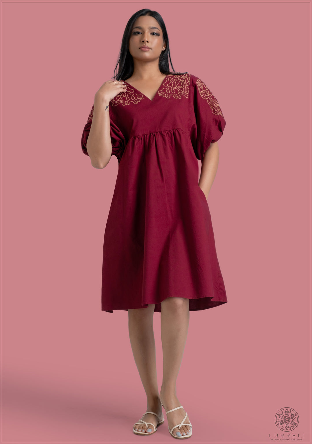 Embroidery Detailed Baloon Sleeve Dress