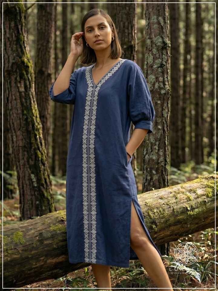 Embroidered linen shift dress