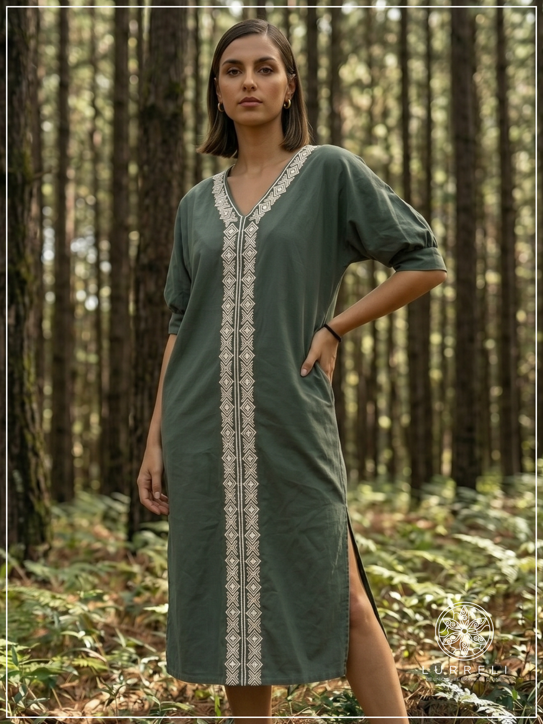 Embroidered linen shift dress