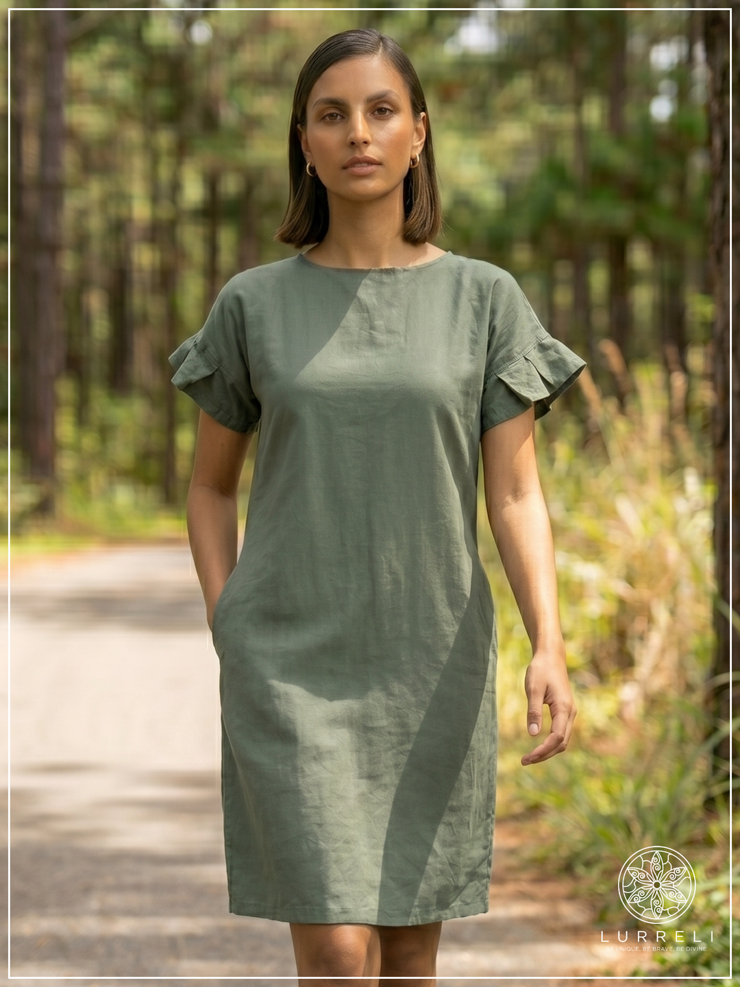 Casual Linen Ruffle-Sleeve Shift Dress