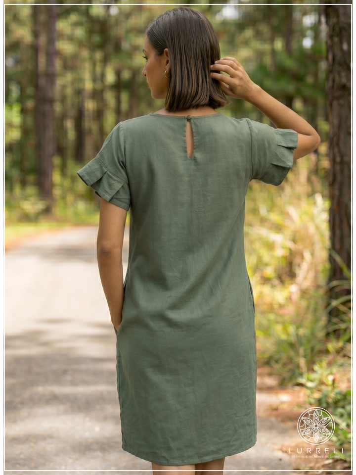 Casual Linen Ruffle-Sleeve Shift Dress