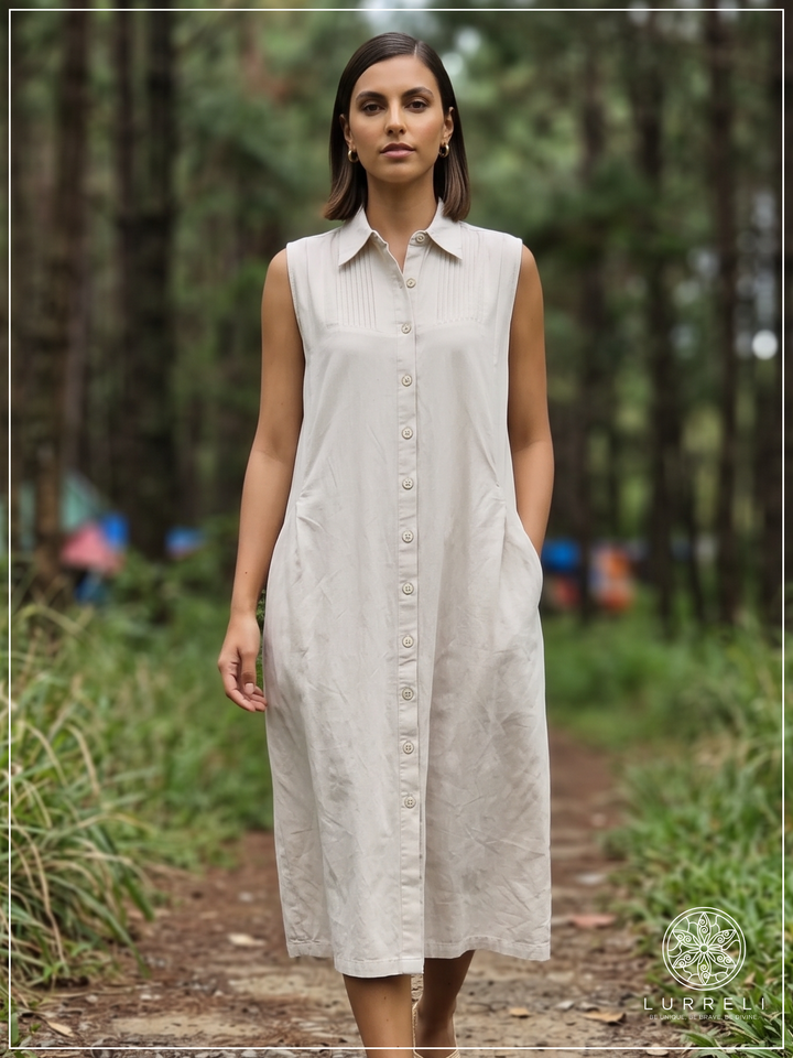 Casual Linen Button-Down Midi Dress