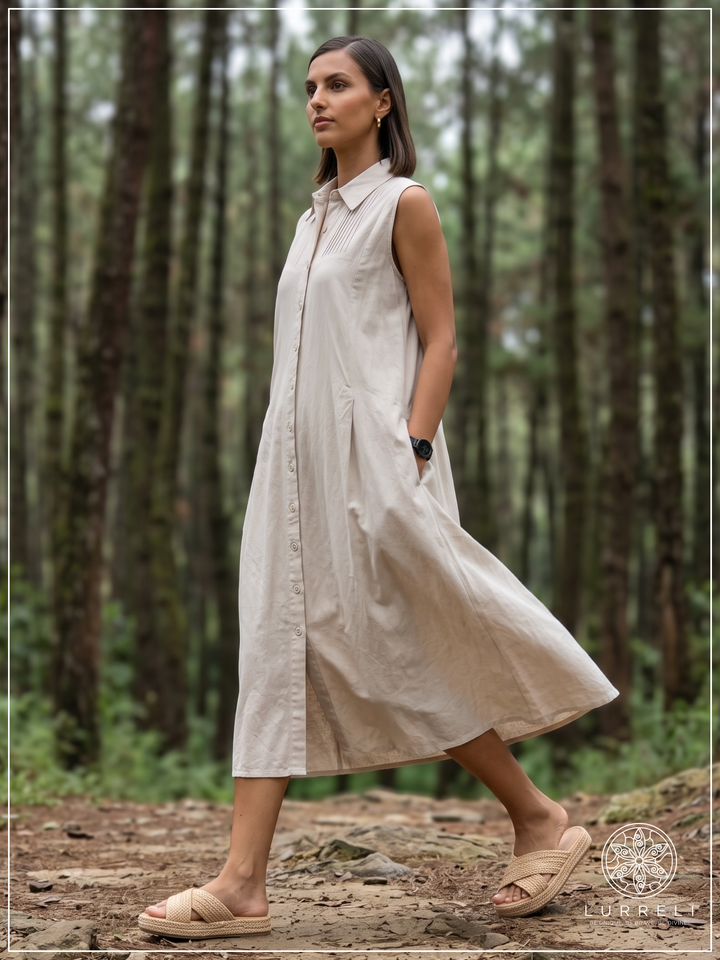Casual Linen Button-Down Midi Dress