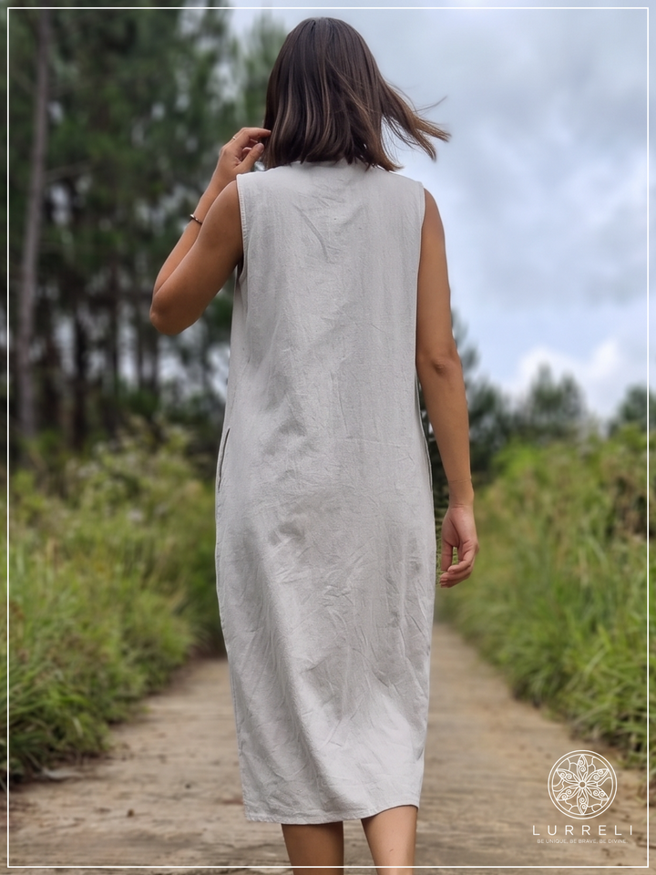 Casual Linen Button-Down Midi Dress